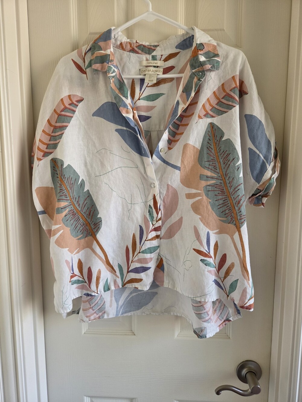 Cynthia Rowley 100% Linen Tropical Leaf Button Down Shirt Blouse White Multi